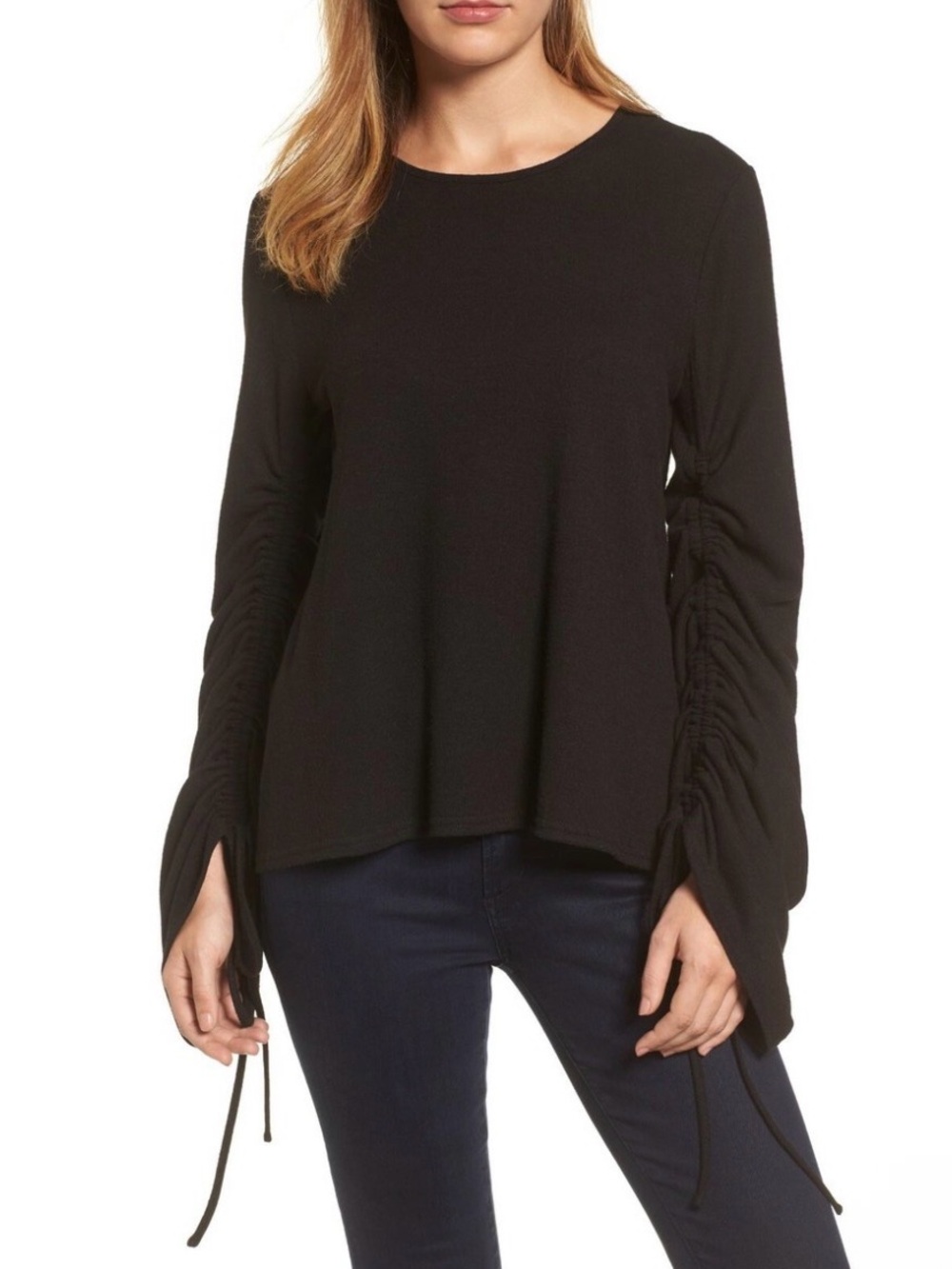 Vince Camuto Brushed Jersey Ruched Long Sleeve Top Black Shirt Blouse Sz L